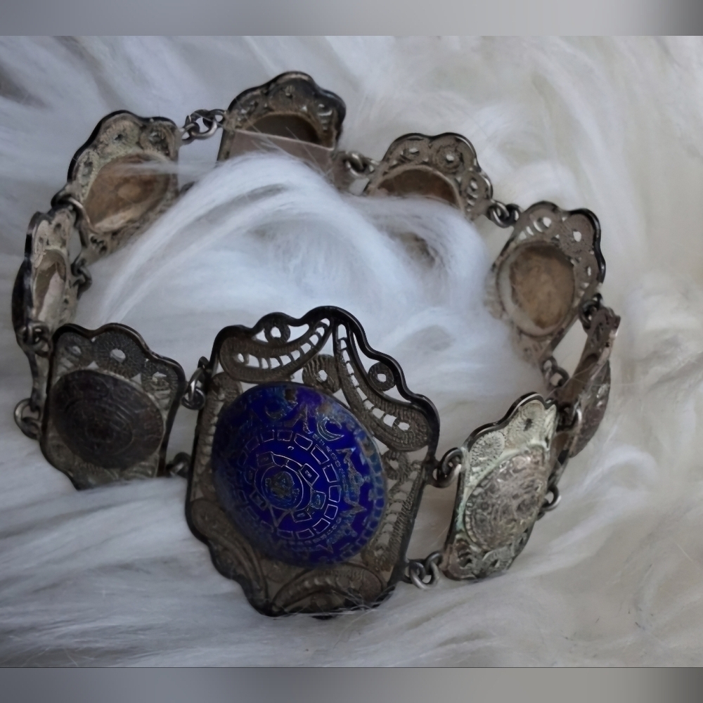 Antique/ vintage etched Aztec sterling silver bracelet